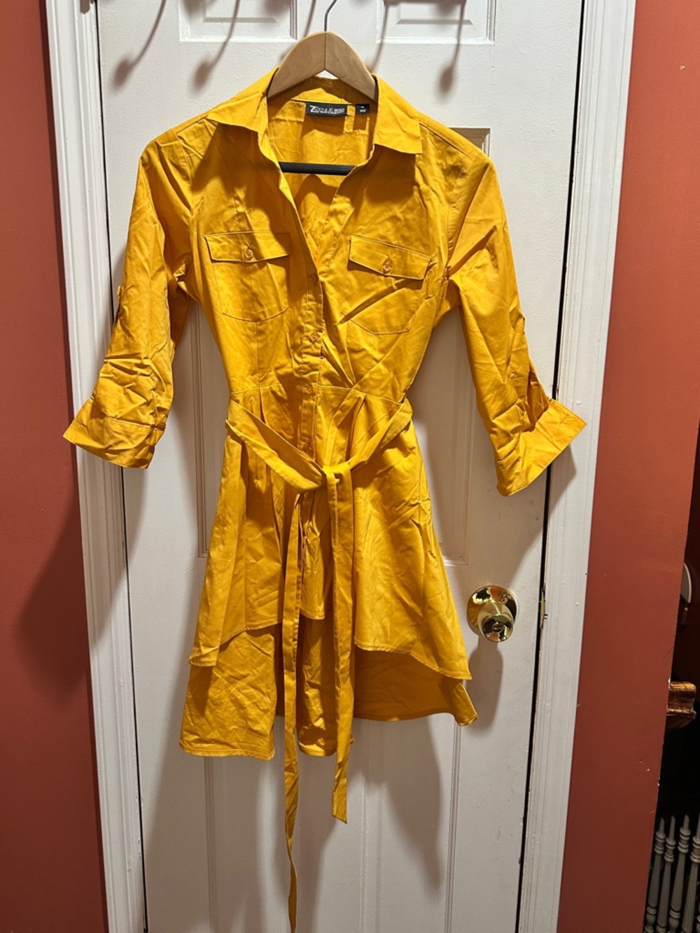 New York & Company Bright Yellow Shirt High Low Dress with Waist Tie